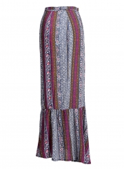 Fashion Irregular Boho Floral Printed Tie Waist Flounced Women Long Skirt