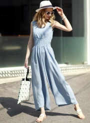 Casual Solid Sleeveless Elastic Waist Round Neck Wide leg Women Jumpsuits