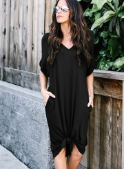 Casual Loose Solid Half Sleeve V Neck Dress With Pockets