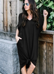 Casual Loose Solid Half Sleeve V Neck Dress With Pockets