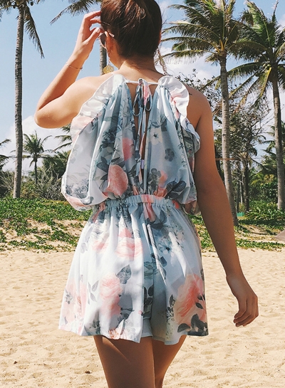 Summer Flounced Floral Printed Spaghetti Strap Wide Leg Women Rompers zecalaba.com