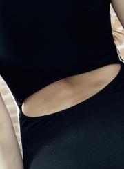 Slim Striped Color Blocked Short Sleeve Crop Waist Slit Dress