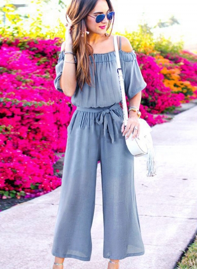 Loose Short Sleeve Spaghetti Strap Slash Neck Tie Waist Wide Leg Jumpsuits zecalaba.com