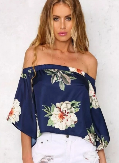 Fashion Floral Printed Half Sleeve Off The Shoulder Women Slit Blouse zecalaba.com