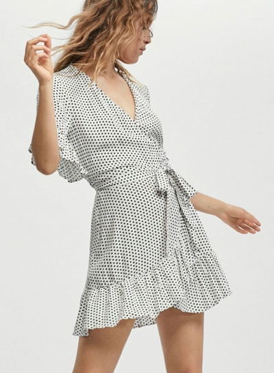 Summer Half Flounce Sleeve V Neck Tie Waist Women Dress With Polka Dots zecalaba.com