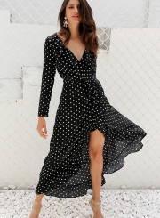 Irregular Flounced Long Sleeve V Neck Slit Women Dress With Polka Dots