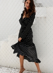 Irregular Flounced Long Sleeve V Neck Slit Women Dress With Polka Dots