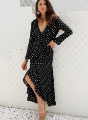 Irregular Flounced Long Sleeve V Neck Slit Women Dress With Polka Dots