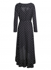 Irregular Flounced Long Sleeve V Neck Slit Women Dress With Polka Dots