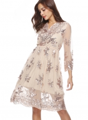 Fashion Lace Mesh Spicing Long Sleeve V Neck Dress With Sequins