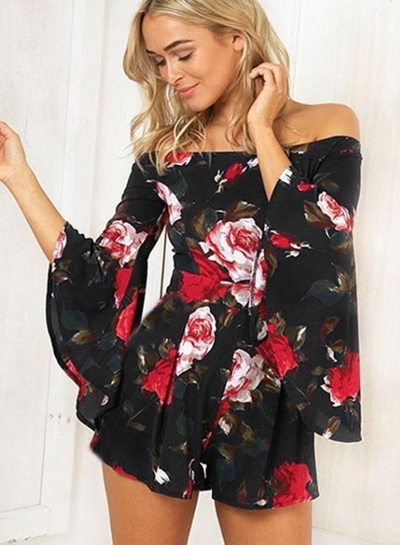 Fashion Sexy Floral Printed Off The Shoulder Flare Sleeve Women Jumpsuits YOYOTSHOP.com