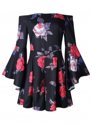 Fashion Sexy Floral Printed Off The Shoulder Flare Sleeve Women Jumpsuits