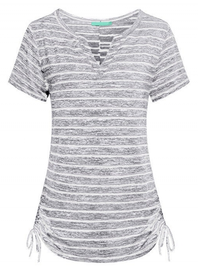 Summer Slim Striped Short Sleeve V Neck Tee Shirt With Drawstring zecalaba.com