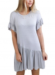 Casual Solid Flounced Short Sleeve Round Neck Dress