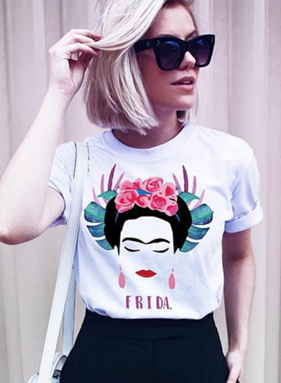 Summer Japanese Women Face Printed Short Sleeve Round Neck Women Tee Shirt zecalaba.com