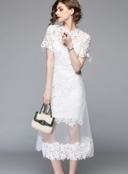 Fashion Slim Lace Spicing Short Sleeve Mock Neck Women Maxi Dress