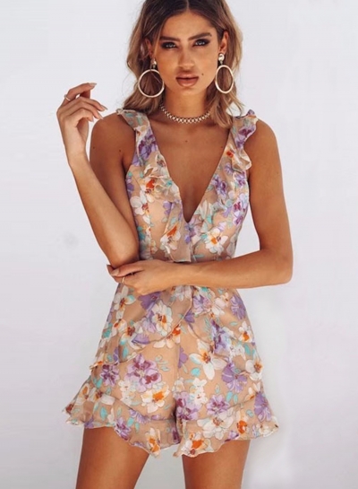 Sexy Floral Printed Sleeveless Backless V Neck Wide leg Women Rompers zecalaba.com