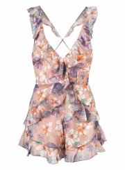 Sexy Floral Printed Sleeveless Backless V Neck Wide leg Women Rompers