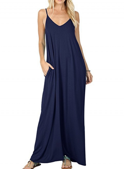 Solid Spaghetti Strap Sleeveless V Neck Maxi Dress With Pockets zecalaba.com