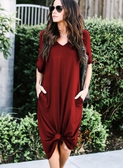 Casual Loose Solid Half Sleeve V Neck Dress With Pockets