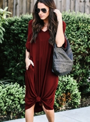 Casual Loose Solid Half Sleeve V Neck Dress With Pockets