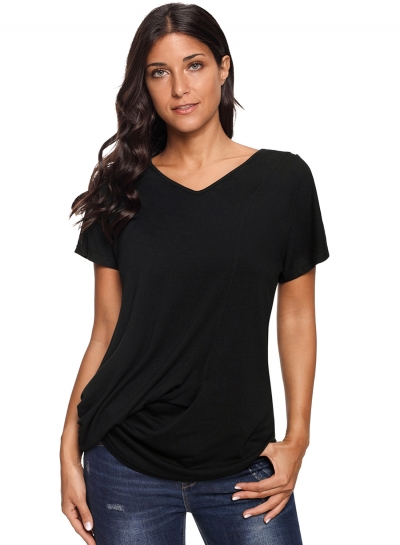 Black V-Neck Twist Ruched Basic Short Sleeve Tee zecalaba.com