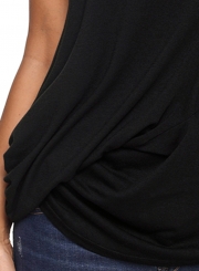 Black V-Neck Twist Ruched Basic Short Sleeve Tee