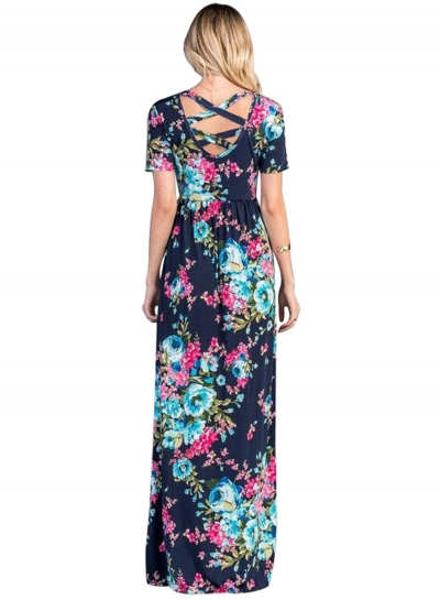 Rosy Aqua Floral Pattern Short Sleeve Summer Maxi Dress in Navy