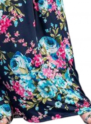 Rosy Aqua Floral Pattern Short Sleeve Summer Maxi Dress in Navy