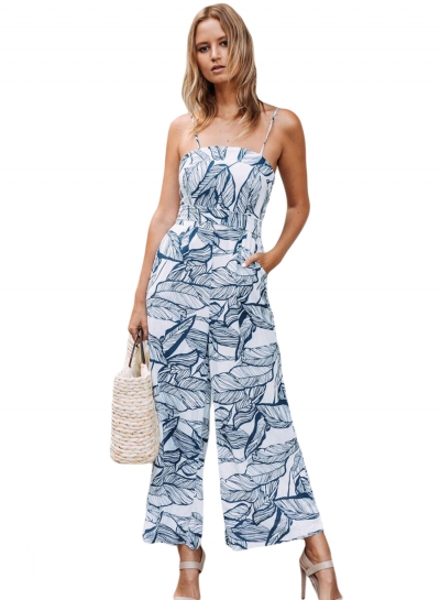 Navy Leaf Vein Print White Wide Leg Women Jumpsuit zecalaba.com