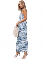 Navy Leaf Vein Print White Wide Leg Women Jumpsuit