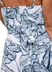 Navy Leaf Vein Print White Wide Leg Women Jumpsuit