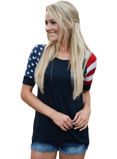 Black Stars Stripes Short Sleeve Women Tee zecalaba.com