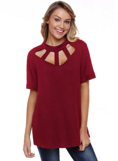 Summer Loose Burgundy Cage Design High Neck Tee zecalaba.com