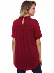 Summer Loose Burgundy Cage Design High Neck Tee