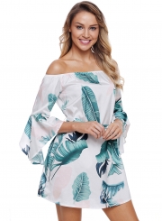 Tropical Leaf Print Flare Sleeve White Off Shoulder Women Dress