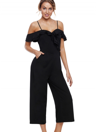 Black Ruffle Neckline Women Jumpsuit with Pockets zecalaba.com