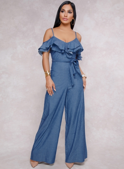 Solid Ruffle Spaghetti Strap Off The Shoulder Waist Tie Wide Leg Jumpsuit zecalaba.com