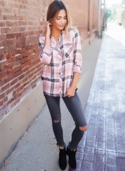 Loose Plaid Long Sleeve Turn-Down Collar Button Down Shirt