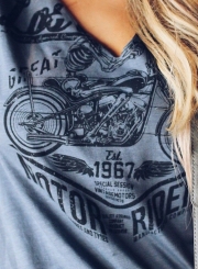 Summer Casual Bicycle Printed Short Sleeve V Neck Women Tee Shirt