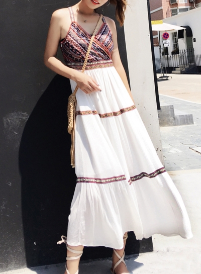 Chiffon Floral Printed Strap High Waist V Neck A-line Women Maxi Dress zecalaba.com