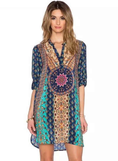 Casual Boho Vintage loose Printed Long Sleeve V Neck Women Dress