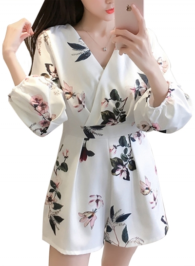 Fashion Floral Printed Shir High Waist V Neck Wide Leg Jumpsuits YOYOTSHOP.com