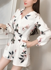 Fashion Floral Printed Shir High Waist V Neck Wide Leg Jumpsuits