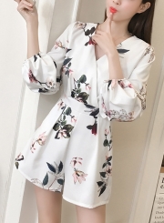 Fashion Floral Printed Shir High Waist V Neck Wide Leg Jumpsuits