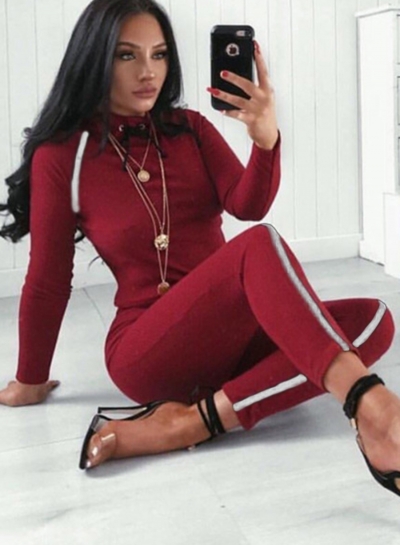 Fashion Color Blocked Long Sleeve Round Neck Lace-up Matching Set