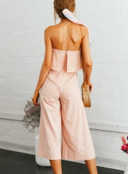 Casual Solid Off The Shoulder Backless Wide Leg Capri Jumpsuit With Zip