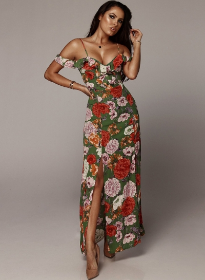 Sexy Boho Floral Printed Spaghetti Strap Ruffle Neckline Slit Maxi Dress zecalaba.com