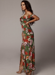 Sexy Boho Floral Printed Spaghetti Strap Ruffle Neckline Slit Maxi Dress