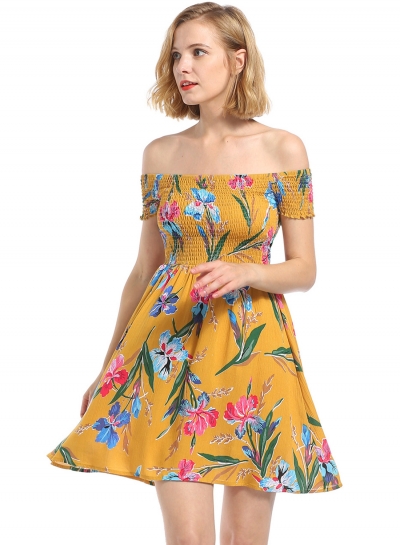 Summer Floral Printed Off The Shoulder Short Sleeve A-line Smocking Dress zecalaba.com